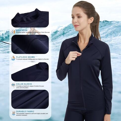 Women's Rash Guard Zip Up Long Sleeve Swim Shirt UV Sun Protection Shirts Quick Dry Surfing Fishing Water Shirts in Saudi Arabia