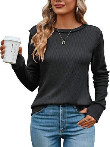 Halife Women's Waffle Knit Tops Long Sleeve Shirts Casual Slim Fitted Crew Neck Pullover Shirt with Thumb Holes in Saudi Arabia