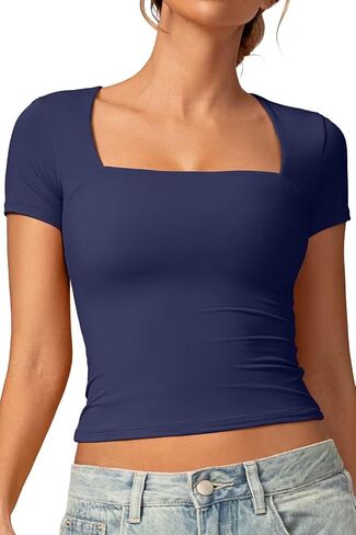 Vertvie Square Neck Tops for Women Short Sleeve Double Lined T Shirts Slim Fit Going Out Tops Soft Sexy Basic Fitted Tee in Kuwait