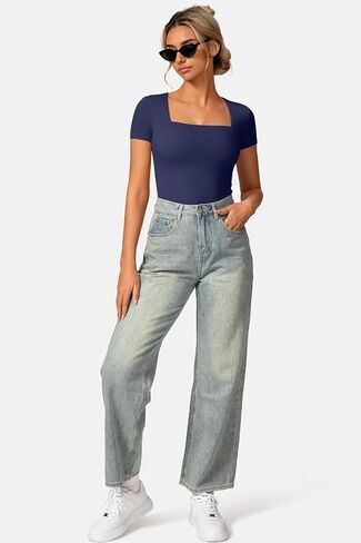 Vertvie Square Neck Tops for Women Short Sleeve Double Lined T Shirts Slim Fit Going Out Tops Soft Sexy Basic Fitted Tee in Kuwait