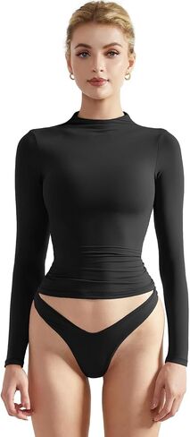 SUUKSESS Women Double Lined Mock Turtle Neck Long Sleeve T Shirt Fitted Y2k Crop Top in Saudi Arabia