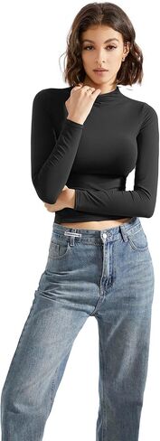 SUUKSESS Women Double Lined Mock Turtle Neck Long Sleeve T Shirt Fitted Y2k Crop Top in Saudi Arabia