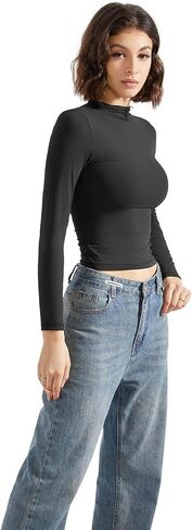 SUUKSESS Women Double Lined Mock Turtle Neck Long Sleeve T Shirt Fitted Y2k Crop Top in Saudi Arabia