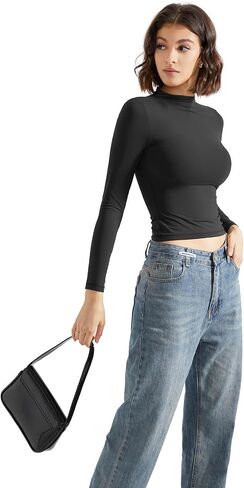 SUUKSESS Women Double Lined Mock Turtle Neck Long Sleeve T Shirt Fitted Y2k Crop Top in Saudi Arabia