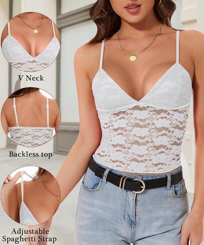 Jenbou Womens Y2k Lace Cami Tank Tops Going Out Crop Tops Spaghetti Strap Mesh See Through Camisole Summer Casual Tops in Saudi Arabia