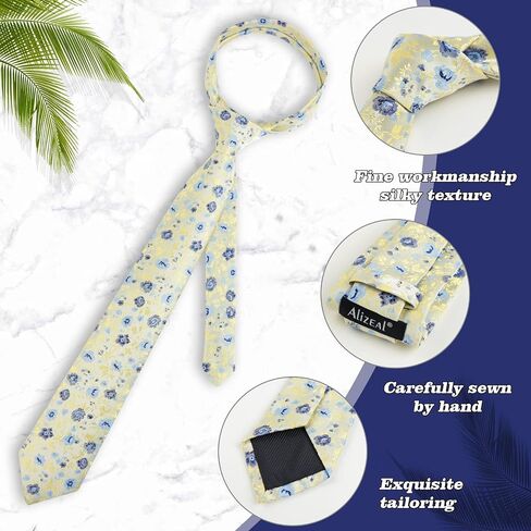 Alizeal Mens 3.15inches Light Color Rustic Tie with Flower Printed Handkerchief in Kuwait