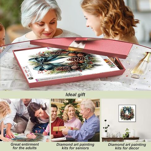 مجموعات الطلاء الماسي stalente للبالغين، مجموعات فنية ماسية خماسية الأبعاد للمبتدئين، لوحة ماسية دائرية كاملة الحفر لتزيين الحائط المنزلي هدية 12×12 بوصة، إكليل عيد الميلاد in Kuwait