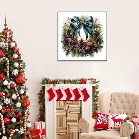 مجموعات الطلاء الماسي stalente للبالغين، مجموعات فنية ماسية خماسية الأبعاد للمبتدئين، لوحة ماسية دائرية كاملة الحفر لتزيين الحائط المنزلي هدية 12×12 بوصة، إكليل عيد الميلاد in Kuwait