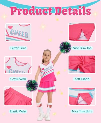 Cheerleader Costume for Girls, Cheer Uniform Dress Up Outfit with Accessories in Saudi Arabia