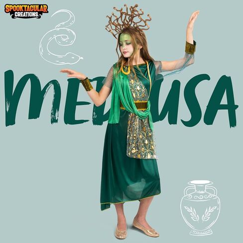 Spooktacular Creations Girls Medusa Costume with Medusa Headpiece, Belt, Bracelet, Green Medusa costume for Halloween Dress Up Parties-L in Saudi Arabia
