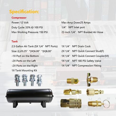 Medium Duty Onboard Air System/Kit 150 PSI Compressor 12V With 2.5 Gallon (9.5 Liter) Train/Air Horn Tank in Saudi Arabia