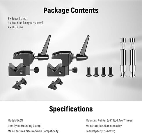 NEEWER Super Clamp with 5/8" Stud, Spring Lock, 2.4"/6cm Jaw Grip Heavy Duty Crab Pole Clamp for Round Pipe Flat Surface, for Photography Studio Camera & Lighting Mounting, Max Load 33lb/15kg, UA017 in Saudi Arabia