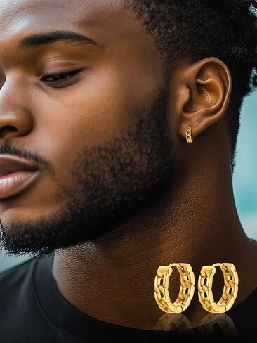 ChainsProMax Hoop Earrings for Men, Chain/Norse Viking/Skull Men's Earrings Cuban Link Hypoallergenic Vintage Huggie Mens Earrings Hoops, Stainless Steel/Gold Plated/Black-with Gift Box in Saudi Arabia