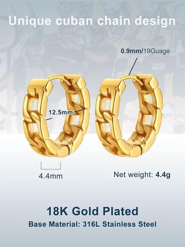 ChainsProMax Hoop Earrings for Men, Chain/Norse Viking/Skull Men's Earrings Cuban Link Hypoallergenic Vintage Huggie Mens Earrings Hoops, Stainless Steel/Gold Plated/Black-with Gift Box in Saudi Arabia