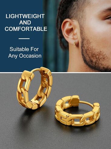 ChainsProMax Hoop Earrings for Men, Chain/Norse Viking/Skull Men's Earrings Cuban Link Hypoallergenic Vintage Huggie Mens Earrings Hoops, Stainless Steel/Gold Plated/Black-with Gift Box in Saudi Arabia