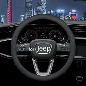 Leather Steering Wheel Cover for Jeep Wrangler Grand Cherokee Compass, 14.5-15 inches Car Steering Wheel Cover with Non-Slip Breathable (Black)