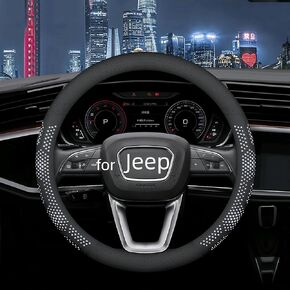 Leather Steering Wheel Cover for Jeep Wrangler Grand Cherokee Compass, 14.5-15 inches Car Steering Wheel Cover with Non-Slip Breathable (Black)