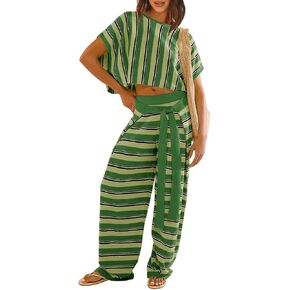 Tankaneo Womens 2 Piece Striped Outfits Sweater Set Oversized Short Sleeve Sweaters and Wide Leg Pants Lounge Sets