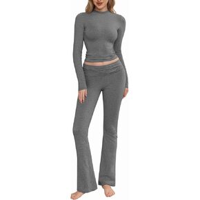MANGOPOP 2 Piece Lounge Set Women Long Sleeve Crew Neck Tops Fold-Over Flare Pants Outfits for Women Tracksuit Sets
