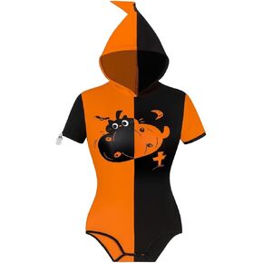 Onesie Pajamas Short Sleeve Hooded Bodysuit Halloween Romper for Women