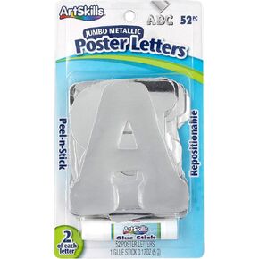 ArtSkills Jumbo Foil 4" Silver Poster Letters Plus Glue Stick, 52- Letters (PA-2052)