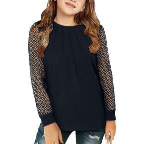 Yoklass Girls Knit Shirts Casual Lace Long Sleeve Tops Loose Dressy Blouses 4-13 Years