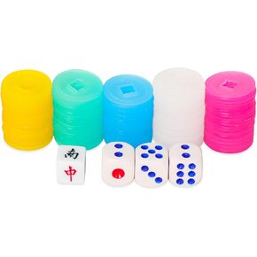 Plastic Colored Mahjong Scoring Coins, 100pcs Chips for Mah Jong Games, 5 Colors（Red, Yellow, Green, Blue, White） with 1 Indicator and 3 dice