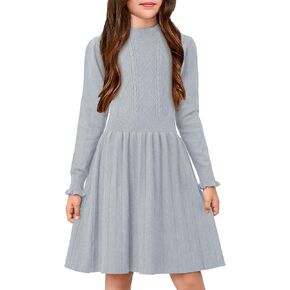 Girls Cable Knit Mock Neck Sweater Dress Fall Winter Long Sleeve Dresses 5-14 Years