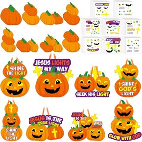 48 Pieces Halloween Crafts Religious Pumpkin Cross Crafts Jesus Bible Sticker DIY Christian Halloween Ornaments Craft Kit for Halloween Sunday School Vbs Home Classroom Activities