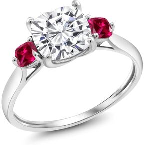 Gem Stone King 2.00 Cttw 10K White Gold Forever Classic Moissanite and Red Created Ruby 3 Stone Engagement Ring For Women | Cushion 7MM and 3MM |3 Stone Wedding Promise Ring