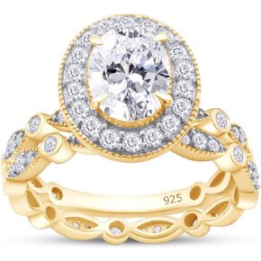SAVEARTH DIAMONDS 2 Carat Center 6X8MM Oval & Round Cut Lab Created Moissanite Diamond Halo Vintage Style Bridal Ring Set For Women In 14K Gold Over Sterling Silver (VVS1 Clarity)