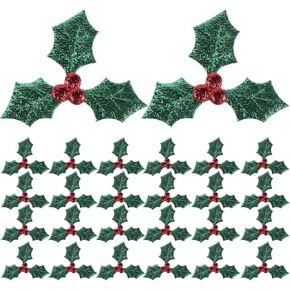 STOBAZA 100pcs Artificial Holly Berry with Green Leaves, Christmas Holly Berry Branches Christmas Red Holly Berries Picks for DIY Christmas Cake Topper Box Crafts Supplies (5cm)