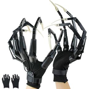 Halloween Articulated Fingers with Extension Nails & Gloves, Upgrade 3D Claw Hands Skeleton Articulated Finger Extensions for Cosplay, Flexible Halloween Gear Decoration Fits Most Finger Sizes-Black
