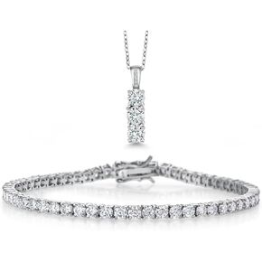 Gem Stone King 925 Sterling Silver Moissanites Tennis Bracelet Pendant Necklace Set For Women | Bracelet 6.00 Cttw and 3MM Round Stones, 7.25 Inch | Pendant 1.54 Cttw and 5MM Stone with 18 Inch Chain