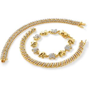 JTV 14k Gold Plated Diamond Tennis Bracelet Set - Tennis Bracelets for Women - Diamond Tennis Bracelet Set of 3 -Gold Tennis Bracelet for Women - Perfect Wedding Jewelry - 7.5 Inch