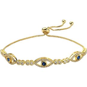 Ornaland Evil Eye Cubic Zirconia Slider Bracelet for Women 18K Gold Plated Marine Blue Evil Eye Adjustable Tennis Chain Bracelet Jewelry Gift for Women