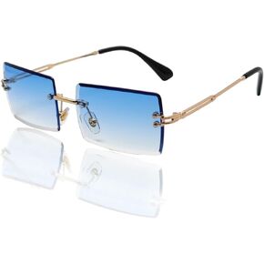 Rectangle Rimless Sunglasses for Women Men Retro 90s Frameless Sunglasses Narrow Square Shades UV400