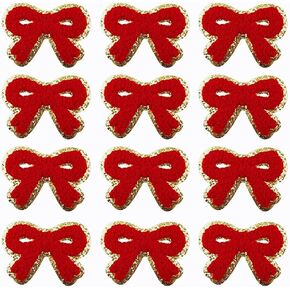 12 PCS Red Bow Patches Chenille Patches Iron On Gold Edges Embroidery Patche Cute Bow Applique for DIY Jeans Hats Bags Clothes