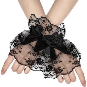 Geyoga Women Floral Lace Wrist Cuff Gloves Bow Ruffled Short Cuff Wedding Halloween Prom Tea Party Costume Accessory