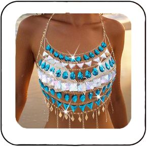 Cosydays Rhinestones Bra Chain Top Gold Halter Blue Crystal Body Chain Tops Nightclub Beach Bikini Chest Jewelry for Women