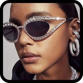 Woeoe Bling Sunglasses for Women Cat Eye Sun Glasses Rhinestone Glasses Oversized Diamond Crystal Sunglasses Vintage