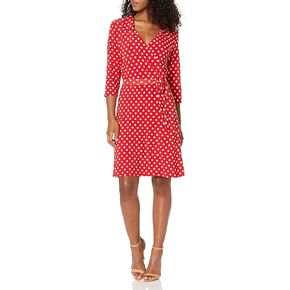 Star Vixen Women's 3/4 Sleeve Fauxwrap Dress with Collar, Red/White Dot, Small