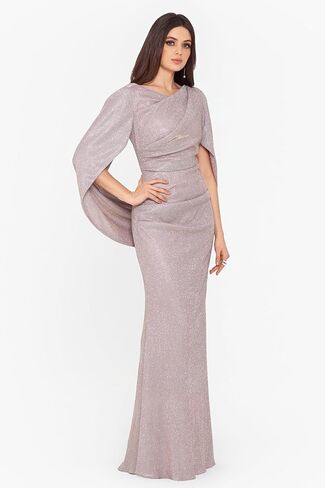 فستان Betsy & Adam النسائي ذو الأكمام الطويلة اللامعة مع خط عنق منسدل وسحاب خلفي مخفي in Kuwait