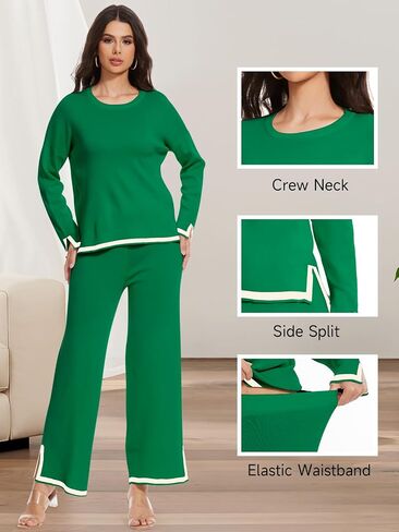 Women's Two Piece Outfits Sets Long Sleeve Knit Sweater Wide Leg Pants Lounge Set Athletic Clothing Sets in Saudi Arabia