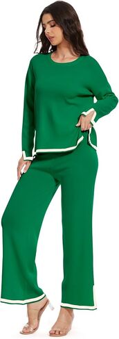Women's Two Piece Outfits Sets Long Sleeve Knit Sweater Wide Leg Pants Lounge Set Athletic Clothing Sets in Saudi Arabia