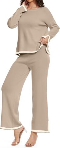 Women's Two Piece Outfits Sets Long Sleeve Knit Sweater Wide Leg Pants Lounge Set Athletic Clothing Sets in Saudi Arabia