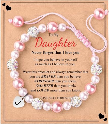 JoycuFF 𝐋𝐞𝐭𝐭𝐞𝐫 𝐈𝐧𝐢𝐭𝐢𝐚𝐥 𝐇𝐞𝐚𝐫𝐭 Bracelets for Girls Teen Girls, Natural Stone/Pink Pearls 𝐁𝐫𝐚𝐜𝐞𝐥𝐞𝐭𝐬, 𝐄𝐚𝐬𝐭𝐞𝐫 Valentine's Day Birthday Christmas Gifts for Daughter Granddaughter Niece in Kuwait