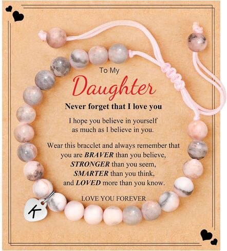JoycuFF 𝐋𝐞𝐭𝐭𝐞𝐫 𝐈𝐧𝐢𝐭𝐢𝐚𝐥 𝐇𝐞𝐚𝐫𝐭 Bracelets for Girls Teen Girls, Natural Stone/Pink Pearls 𝐁𝐫𝐚𝐜𝐞𝐥𝐞𝐭𝐬, 𝐄𝐚𝐬𝐭𝐞𝐫 Valentine's Day Birthday Christmas Gifts for Daughter Granddaughter Niece in Kuwait