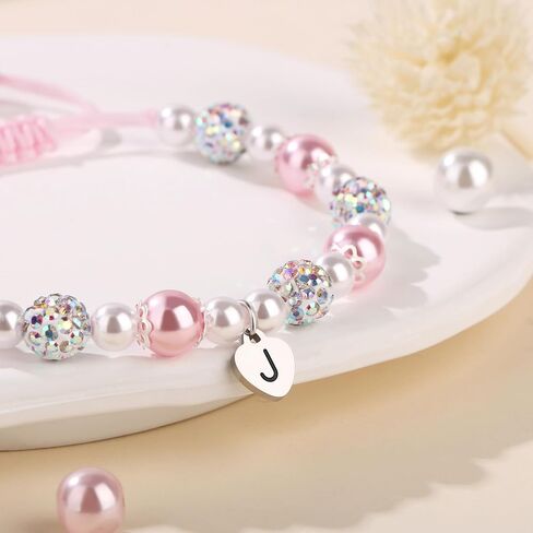 JoycuFF 𝐋𝐞𝐭𝐭𝐞𝐫 𝐈𝐧𝐢𝐭𝐢𝐚𝐥 𝐇𝐞𝐚𝐫𝐭 Bracelets for Girls Teen Girls, Natural Stone/Pink Pearls 𝐁𝐫𝐚𝐜𝐞𝐥𝐞𝐭𝐬, 𝐄𝐚𝐬𝐭𝐞𝐫 Valentine's Day Birthday Christmas Gifts for Daughter Granddaughter Niece in Kuwait