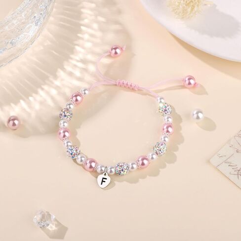 JoycuFF 𝐋𝐞𝐭𝐭𝐞𝐫 𝐈𝐧𝐢𝐭𝐢𝐚𝐥 𝐇𝐞𝐚𝐫𝐭 Bracelets for Girls Teen Girls, Natural Stone/Pink Pearls 𝐁𝐫𝐚𝐜𝐞𝐥𝐞𝐭𝐬, 𝐄𝐚𝐬𝐭𝐞𝐫 Valentine's Day Birthday Christmas Gifts for Daughter Granddaughter Niece in Kuwait